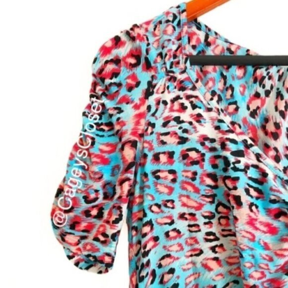 Ellen Tracy Top XS Silk Leopard Print Sheer Ruched Animal Pink Blue Bloomingdale - Picture 3 of 8
